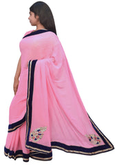 Pink Designer Georgette (Viscos) Zari Bullion Pearl Beads Thread Stone Hand Embroidery Work Sari Saree B236