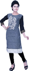 SMSAREE Grey & Black Designer Casual Partywear Cotton (Linen) Thread Hand Embroidery Work Stylish Women Kurti Kurta With Free Matching Leggings B283