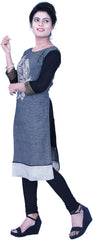 SMSAREE Grey & Black Designer Casual Partywear Cotton (Linen) Thread Hand Embroidery Work Stylish Women Kurti Kurta With Free Matching Leggings B283