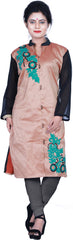 SMSAREE Brown & Black Designer Casual Partywear Cotton (Chanderi) With Geogette (Viscos Sleeves) Thread Hand Embroidery Work Stylish Women Kurti Kurta With Free Matching Leggings B294