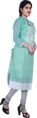 SMSAREE Turquoise Designer Casual Partywear Cotton (Chanderi) Thread Hand Embroidery Work Stylish Women Kurti Kurta With Free Matching Leggings B354