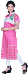 SMSAREE Pink & White Designer Casual Partywear Cotton (Supernet) Thread & Gota Hand Embroidery Work Stylish Women Kurti Kurta With Free Matching Leggings B452