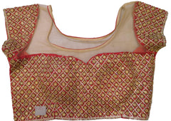 Red & Beige Designer Silk & Net Hand Embroidery Stone Cutdana Beads Work Ready To Wear Stitched Blouse