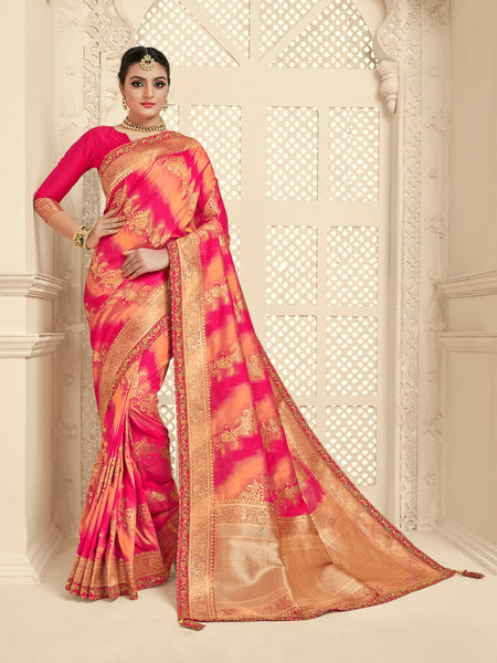 Pink Jacquard Silk Heavy Work Bridal Banarasi Saree Sari
