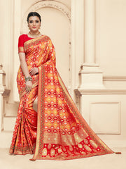 Red & Yellow Jacquard Silk Heavy Work Bridal Banarasi Saree Sari