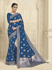 Blue Jacquard Silk Heavy Work Bridal Banarasi Saree Sari