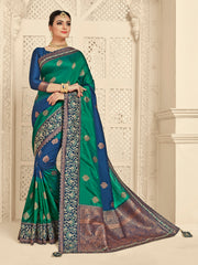Green and Blue Jacquard Silk Heavy Work Bridal Banarasi Saree Sari