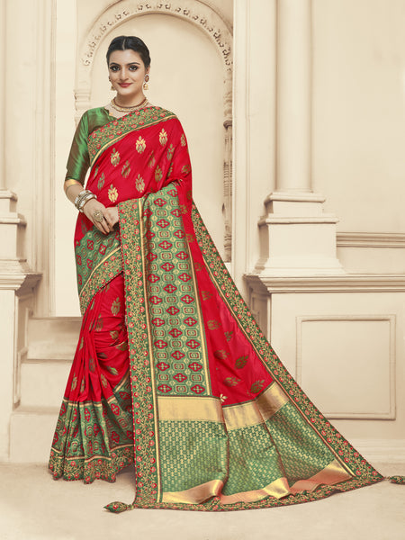Red and Green Jacquard Silk Heavy Work Bridal Banarasi Saree Sari