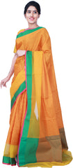 SMSAREE Orange Yellow & Green Designer Wedding Partywear Hand Weaven Pure Banarasi Self Weaved Zari & Thread Hand Embroidery Work Bridal Saree Sari With Blouse Piece BH101C