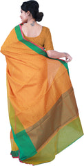 SMSAREE Orange Yellow & Green Designer Wedding Partywear Hand Weaven Pure Banarasi Self Weaved Zari & Thread Hand Embroidery Work Bridal Saree Sari With Blouse Piece BH101C