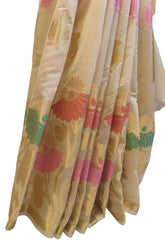 Beige Traditional Designer Wedding Hand Weaven Pure Benarasi Zari Work Saree Sari With Blouse BH102B