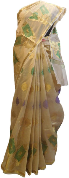 Beige Traditional Designer Wedding Hand Weaven Pure Benarasi Zari Work Saree Sari With Blouse BH102E