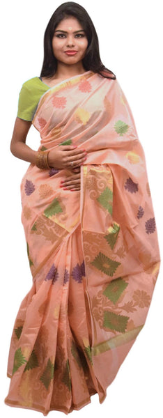 Peach Traditional Designer Wedding Hand Weaven Pure Benarasi Zari Work Saree Sari With Blouse BH102F
