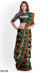 Beige Black Designer Wedding Partywear Pure Handloom Banarasi Thread Hand Embroidery Work Bridal Saree Sari With Blouse Piece BH109