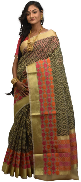Beige & Black Traditional Designer Wedding Hand Weaven Pure Benarasi Zari Work Saree Sari With Blouse BH10C