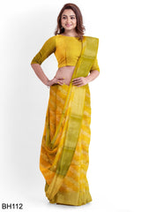 Yellow Designer Wedding Partywear Pure Handloom Banarasi Zari Hand Embroidery Work Bridal Saree Sari With Blouse Piece BH112