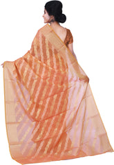 SMSAREE Orange Designer Wedding Partywear Hand Weaven Pure Banarasi Self Weaved Zari & Thread Hand Embroidery Work Bridal Saree Sari With Blouse Piece BH112B