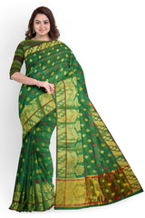 Green Golden Designer Wedding Partywear Pure Handloom Banarasi Zari Hand Embroidery Work Bridal Saree Sari With Blouse Piece BH11B