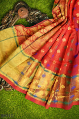 Red Golden Designer Wedding Partywear Pure Handloom Banarasi Zari Hand Embroidery Work Bridal Saree Sari With Blouse Piece BH11C