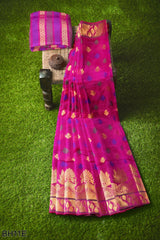 Pink Golden Designer Wedding Partywear Pure Handloom Banarasi Zari Hand Embroidery Work Bridal Saree Sari With Blouse Piece BH11E