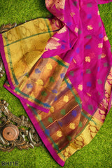 Pink Golden Designer Wedding Partywear Pure Handloom Banarasi Zari Hand Embroidery Work Bridal Saree Sari With Blouse Piece BH11E
