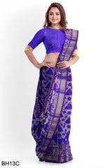 Blue Golden Designer Wedding Partywear Pure Handloom Banarasi Zari Hand Embroidery Work Bridal Saree Sari With Blouse Piece BH13C
