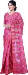 SMSAREE Pink Designer Wedding Partywear Hand Weaven Pure Banarasi Self Weaved Zari & Thread Hand Embroidery Work Bridal Saree Sari With Blouse Piece BH13E