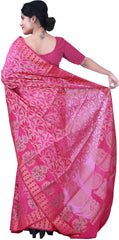 SMSAREE Pink Designer Wedding Partywear Hand Weaven Pure Banarasi Self Weaved Zari & Thread Hand Embroidery Work Bridal Saree Sari With Blouse Piece BH13E