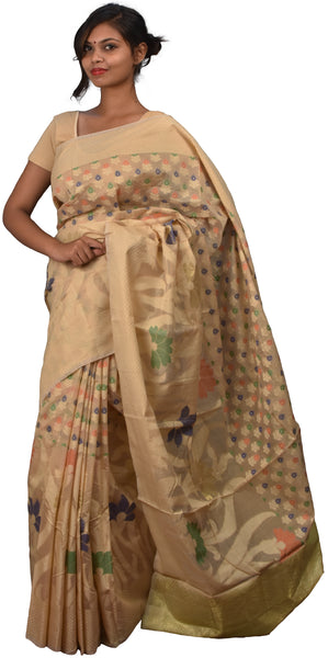 Beige Traditional Designer Wedding Hand Weaven Pure Benarasi Zari Work Saree Sari With Blouse BH1H