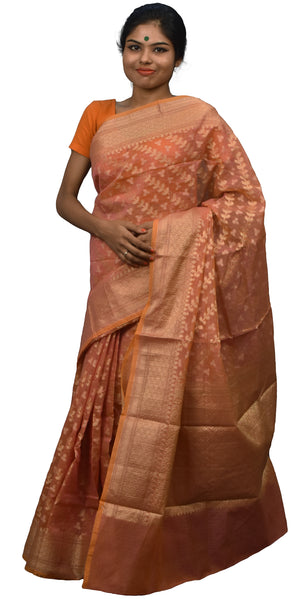 Peach Traditional Designer Wedding Hand Weaven Pure Benarasi Zari Work Saree Sari With Blouse BH2A