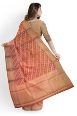 Peach Golden Designer Wedding Partywear Pure Handloom Banarasi Zari Hand Embroidery Work Bridal Saree Sari With Blouse Piece BH2A