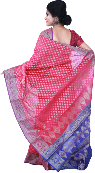 SMSAREE Pink & Blue Designer Wedding Partywear Hand Weaven Pure Banarasi Self Weaved Zari & Thread Hand Embroidery Work Bridal Saree Sari With Blouse Piece BH3B