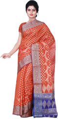 SMSAREE Orange & Blue Designer Wedding Partywear Hand Weaven Pure Banarasi Self Weaved Zari & Thread Hand Embroidery Work Bridal Saree Sari With Blouse Piece BH3E