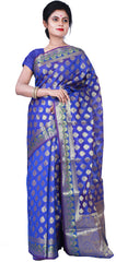 SMSAREE Blue Designer Wedding Partywear Hand Weaven Pure Banarasi Self Weaved Zari & Thread Hand Embroidery Work Bridal Saree Sari With Blouse Piece BH4B