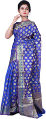 SMSAREE Blue Designer Wedding Partywear Hand Weaven Pure Banarasi Self Weaved Zari & Thread Hand Embroidery Work Bridal Saree Sari With Blouse Piece BH4B