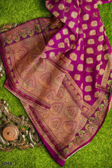 Pink Golden Designer Wedding Partywear Pure Handloom Banarasi Zari Thread Hand Embroidery Work Bridal Saree Sari With Blouse Piece BH4D