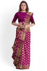 Pink Golden Designer Wedding Partywear Pure Handloom Banarasi Zari Thread Hand Embroidery Work Bridal Saree Sari With Blouse Piece BH4D