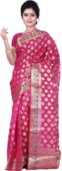 SMSAREE Pink Designer Wedding Partywear Hand Weaven Pure Banarasi Self Weaved Zari & Thread Hand Embroidery Work Bridal Saree Sari With Blouse Piece BH4D