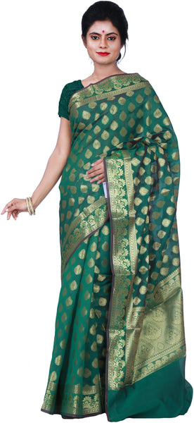 SMSAREE Green Designer Wedding Partywear Hand Weaven Pure Banarasi Self Weaved Zari & Thread Hand Embroidery Work Bridal Saree Sari With Blouse Piece BH4E