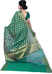 SMSAREE Green Designer Wedding Partywear Hand Weaven Pure Banarasi Self Weaved Zari & Thread Hand Embroidery Work Bridal Saree Sari With Blouse Piece BH4E