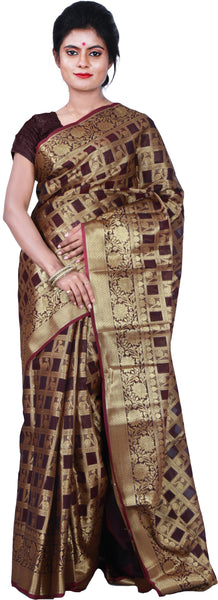 SMSAREE Coffee Brown Designer Wedding Partywear Hand Weaven Pure Banarasi Self Weaved Zari & Thread Hand Embroidery Work Bridal Saree Sari With Blouse Piece BH5C