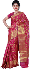 SMSAREE Pink Designer Wedding Partywear Hand Weaven Pure Banarasi Self Weaved Zari & Thread Hand Embroidery Work Bridal Saree Sari With Blouse Piece BH5E