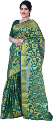 SMSAREE Green Designer Wedding Partywear Hand Weaven Pure Banarasi Self Weaved Zari & Thread Hand Embroidery Work Bridal Saree Sari With Blouse Piece BH5G
