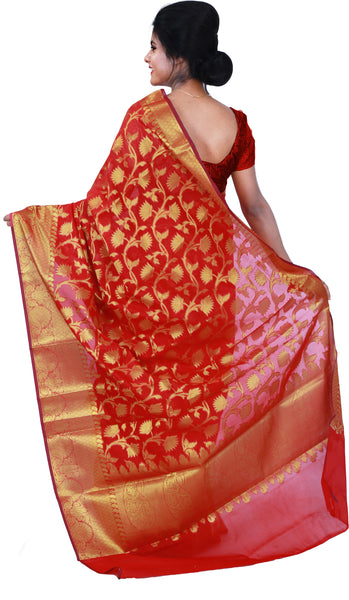 SMSAREE Red Designer Wedding Partywear Hand Weaven Pure Banarasi Self Weaved Zari & Thread Hand Embroidery Work Bridal Saree Sari With Blouse Piece BH5H