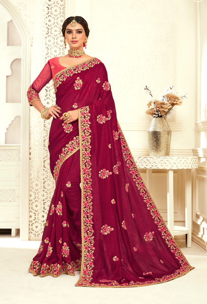 Burgundy Poly Silk Bridal Designer Saree Sari