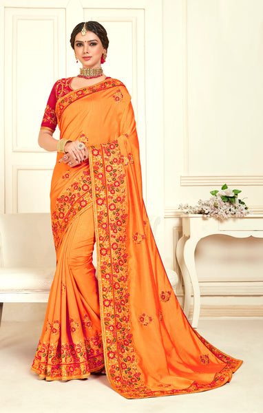 Orange Poly Silk Bridal Designer Saree Sari