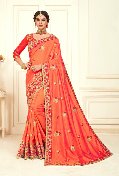 Peach Poly Silk Bridal Designer Saree Sari