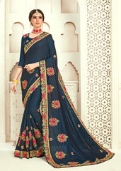 Navy Blue Poly Silk Bridal Designer Saree Sari