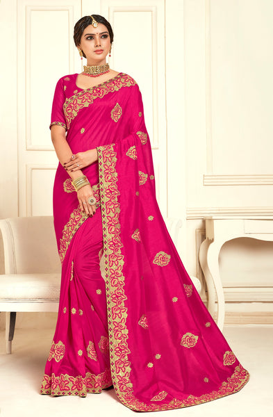 Magenta Poly Silk Bridal Designer Saree Sari