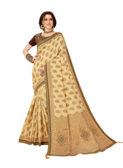 Beige Jacquard Silk Heavy Work Banarasi Saree Sari